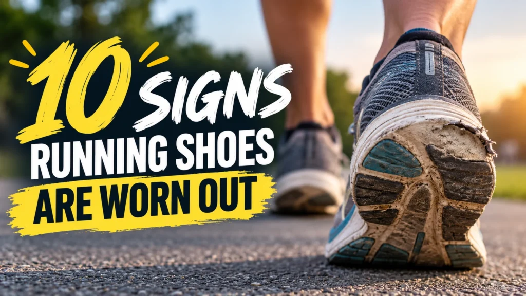 Worn-out running shoes with damaged soles and visible tread wear, illustrating 10 signs running shoes are worn out.