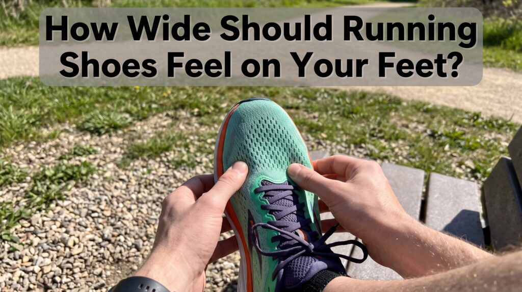 First-person view of a runner sitting on an outdoor park bench, using their thumbs to press the sides of the forefoot on a mint-green running shoe to check its width, with "How Wide Should Running Shoes Feel on Your Feet?" overlaid at the top on a shaded background.
