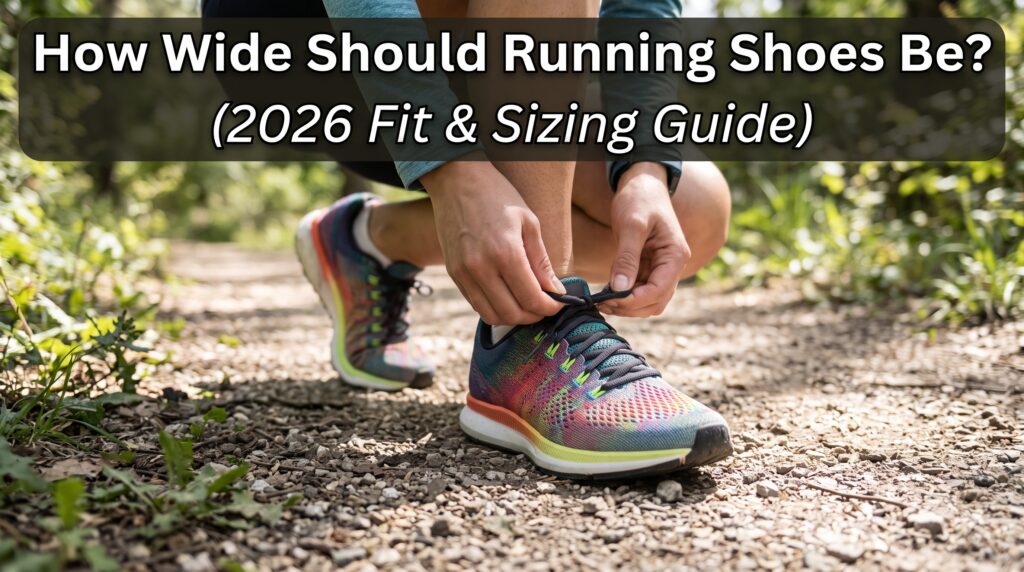 A ground-level view of a runner in athletic gear tying their colorful, wide-fitting running shoes on a gravel outdoor trail, with natural foliage in the background and a text overlay reading "How Wide Should Running Shoes Be? (2026 Fit & Sizing Guide)".