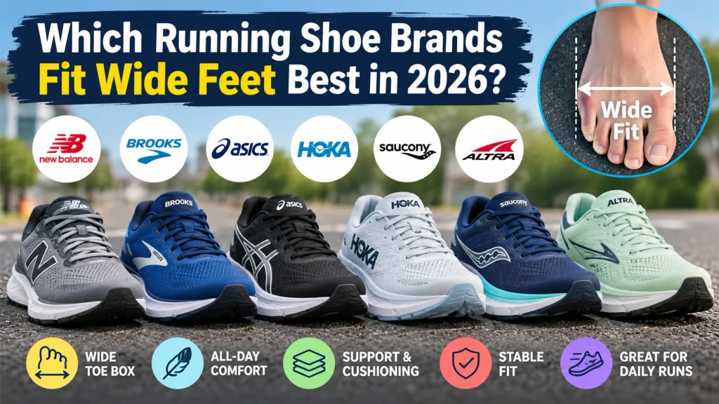 Best running shoe brands for wide feet in 2026, featuring New Balance, Brooks, ASICS, HOKA, Saucony, and Altra.