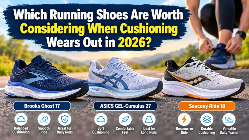 Brooks Ghost 17, ASICS GEL-Cumulus 27, and Saucony Ride 18 running shoes compared as cushioning replacement options for 2026.