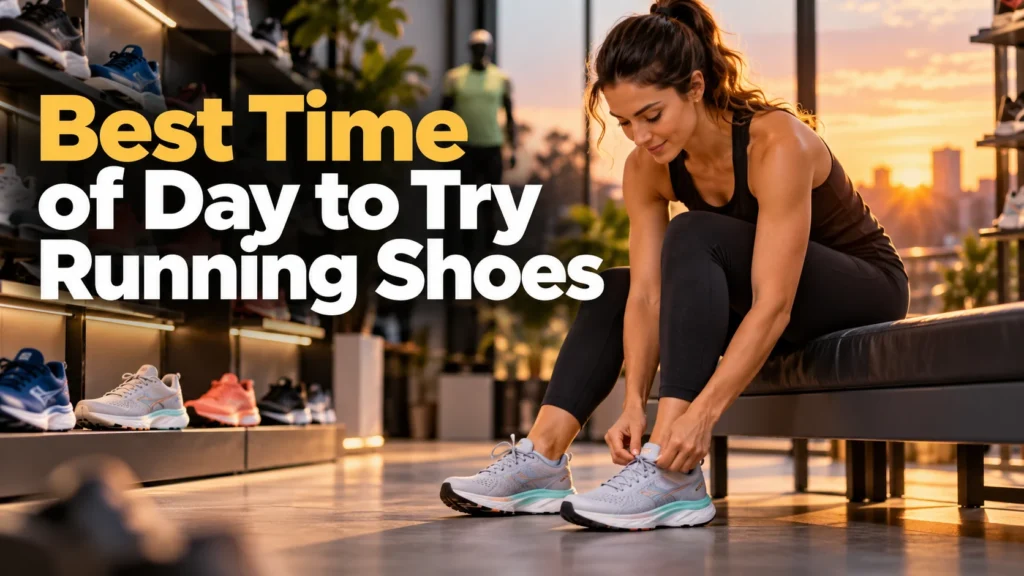 Woman trying on running shoes in a footwear store during the evening, illustrating the best time of day to try running shoes.