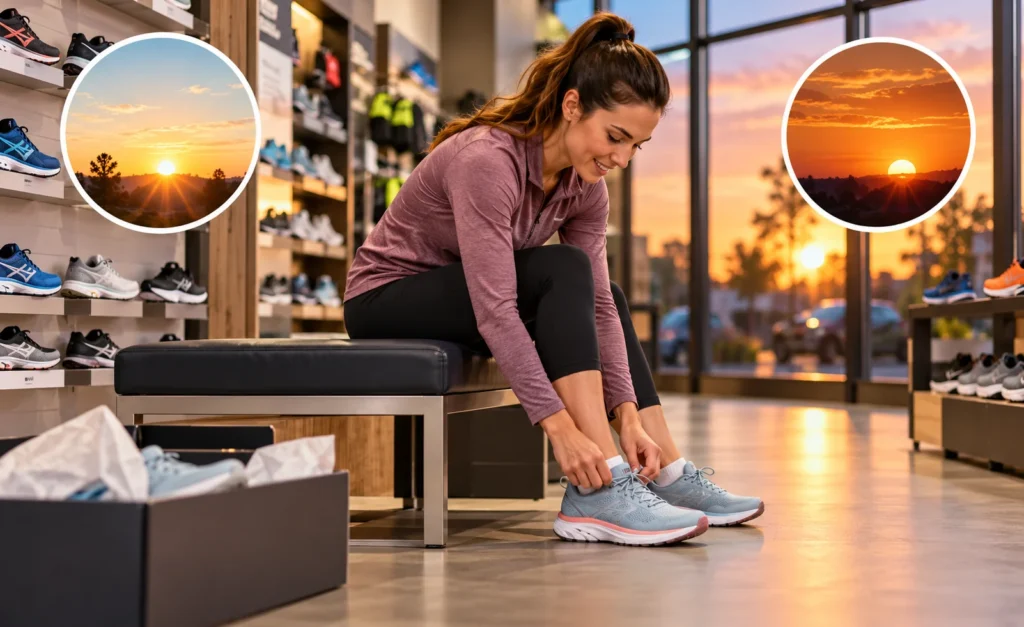 Woman trying on running shoes in a footwear store during sunset, illustrating the best time of day to try running shoes for a comfortable fit.