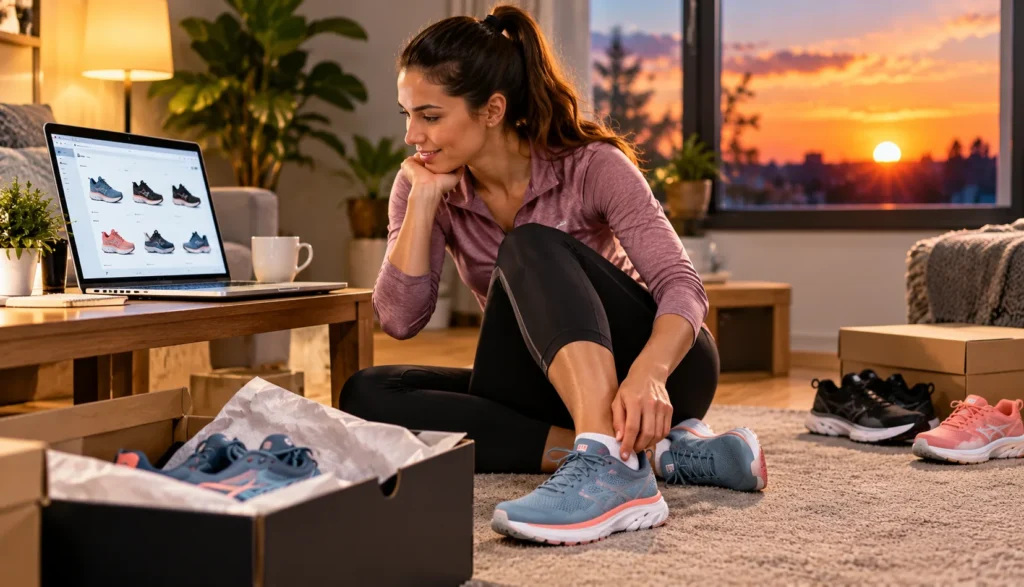 Woman trying on running shoes at home during the evening while comparing running shoe options online on a laptop.