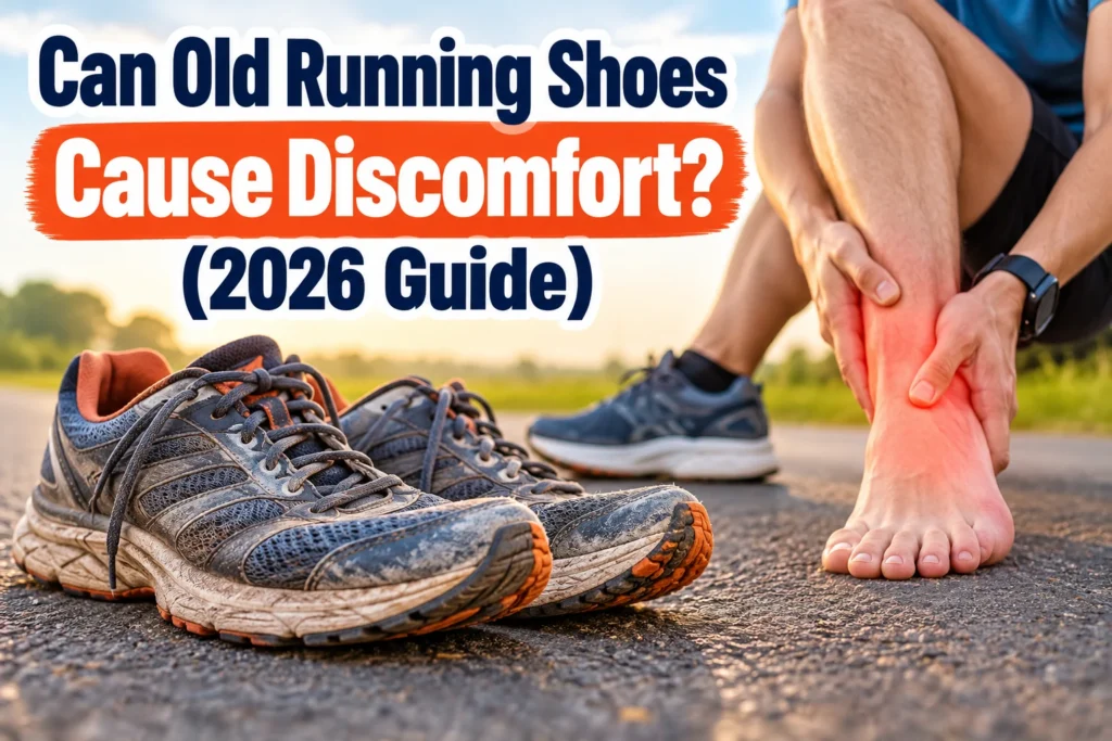 Old worn-out running shoes beside a runner holding a painful ankle, illustrating how old running shoes can cause discomfort.