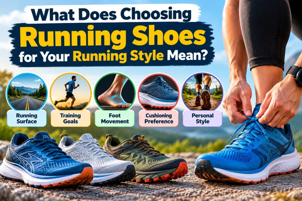 Choosing running shoes for your running style based on running surface, training goals, foot movement, cushioning preference, and personal style.