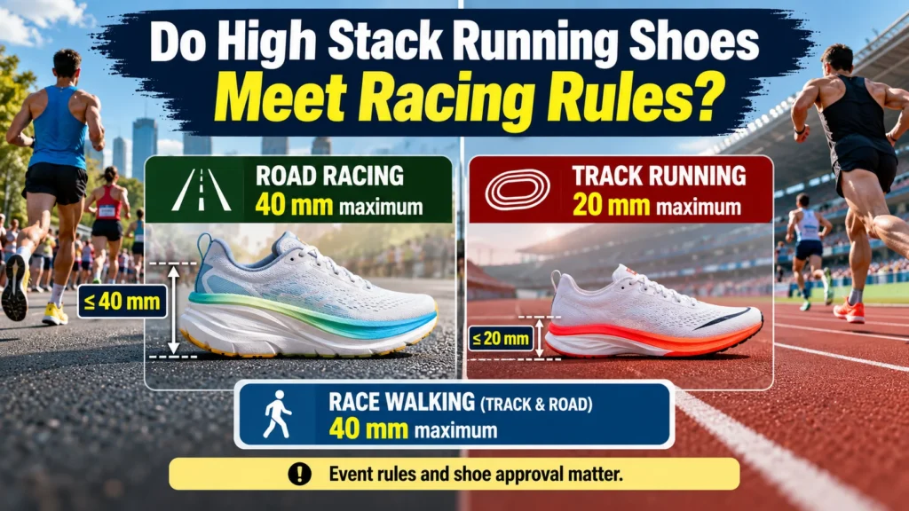 Comparison of high stack running shoe racing rules showing 40 mm road racing and 20 mm track running shoe thickness limits.