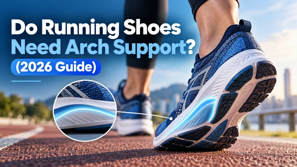Do running shoes need arch support? 2026 guide featuring blue running shoes with highlighted arch support and cushioned midsoles.