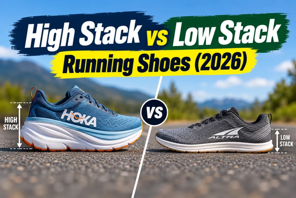 High stack vs low stack running shoes comparison showing thick-cushioned HOKA and lower-profile Altra shoes for 2026.