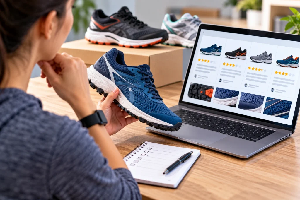 Beginner comparing running shoe reviews and ratings on a laptop while examining a blue running shoe before buying.