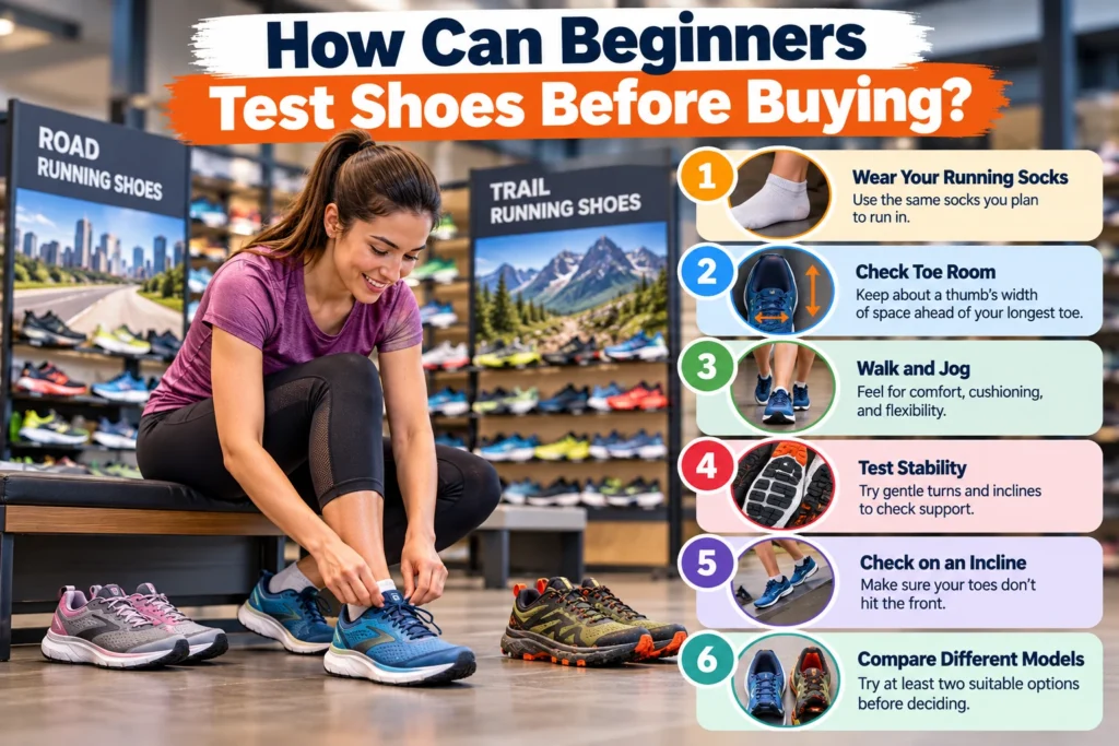 Beginner testing running shoes in a sports store with six steps for checking fit, toe room, cushioning, stability, and comfort before buying.