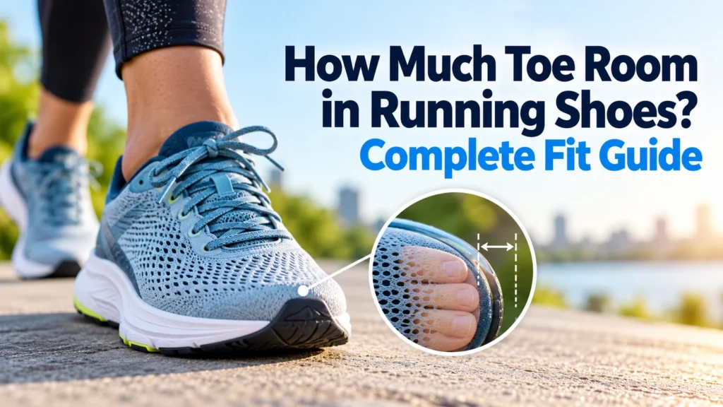 Close-up of blue running shoes with a toe box spacing illustration showing how much toe room is needed for a comfortable running shoe fit.
