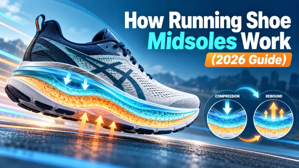 How running shoe midsoles work, showing foam compression, cushioning, and energy return in a running shoe (2026 guide).