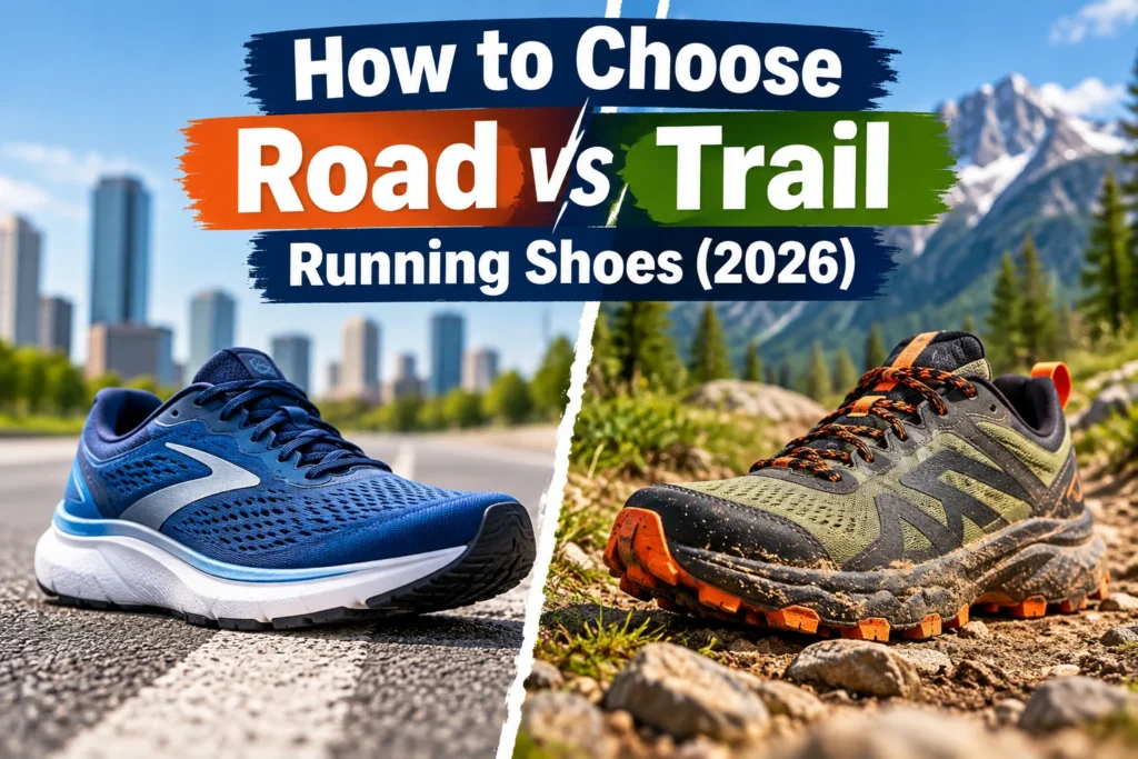 Road vs trail running shoes comparison showing a blue road running shoe on pavement and a rugged trail running shoe on rocky terrain.