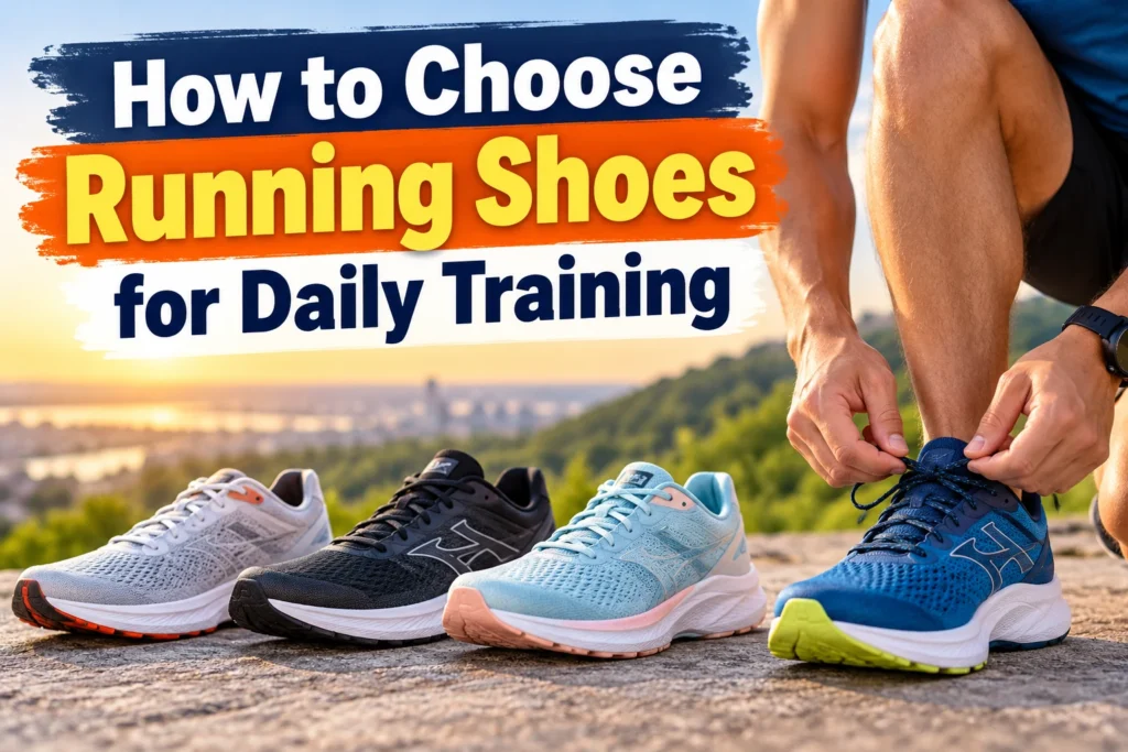 Runner tying blue running shoes beside several daily training shoe options, illustrating how to choose running shoes for daily training.