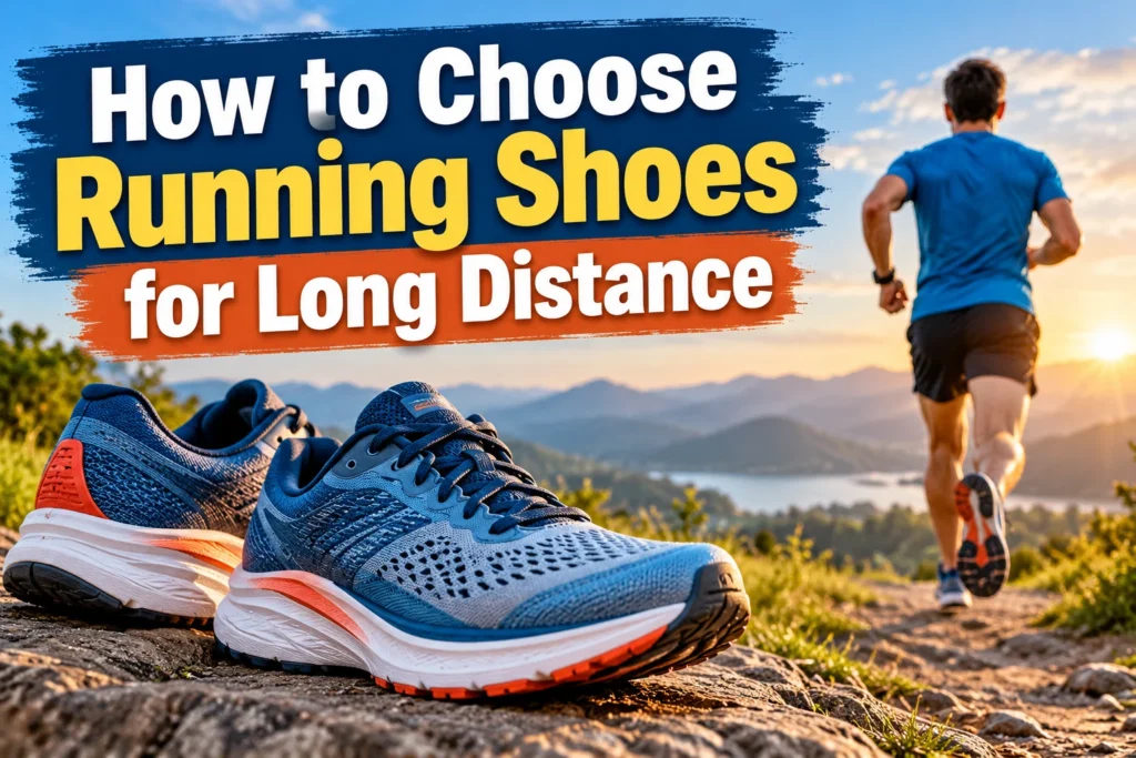 How to choose running shoes for long distance, featuring cushioned blue running shoes and a runner on a scenic mountain trail.