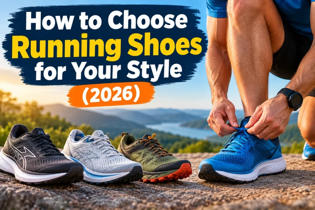 How to Choose Running Shoes for Your Style (2026) – Runner tying blue running shoes with road and trail running shoes displayed outdoors.