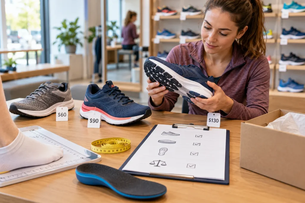 Woman comparing running shoe prices, cushioning, and fit in a shoe store to choose running shoes without overspending.