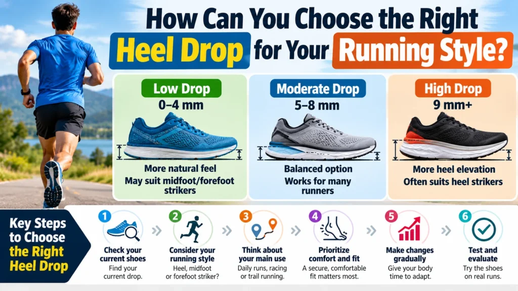 How to choose the right heel drop for your running style, comparing low drop (0–4 mm), moderate drop (5–8 mm), and high drop (9 mm+) running shoes.