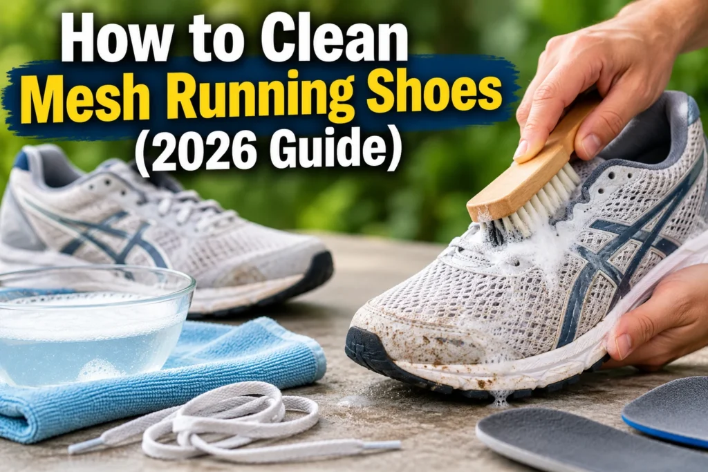 Person gently cleaning white mesh running shoes with a soft brush, soap, and water in a step-by-step 2026 shoe cleaning guide.