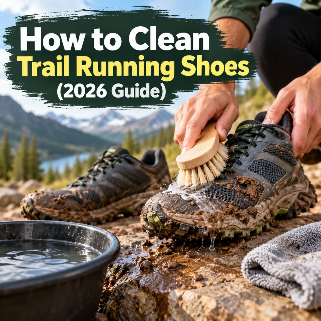 Person cleaning muddy trail running shoes with a brush and water outdoors – How to Clean Trail Running Shoes (2026 Guide).