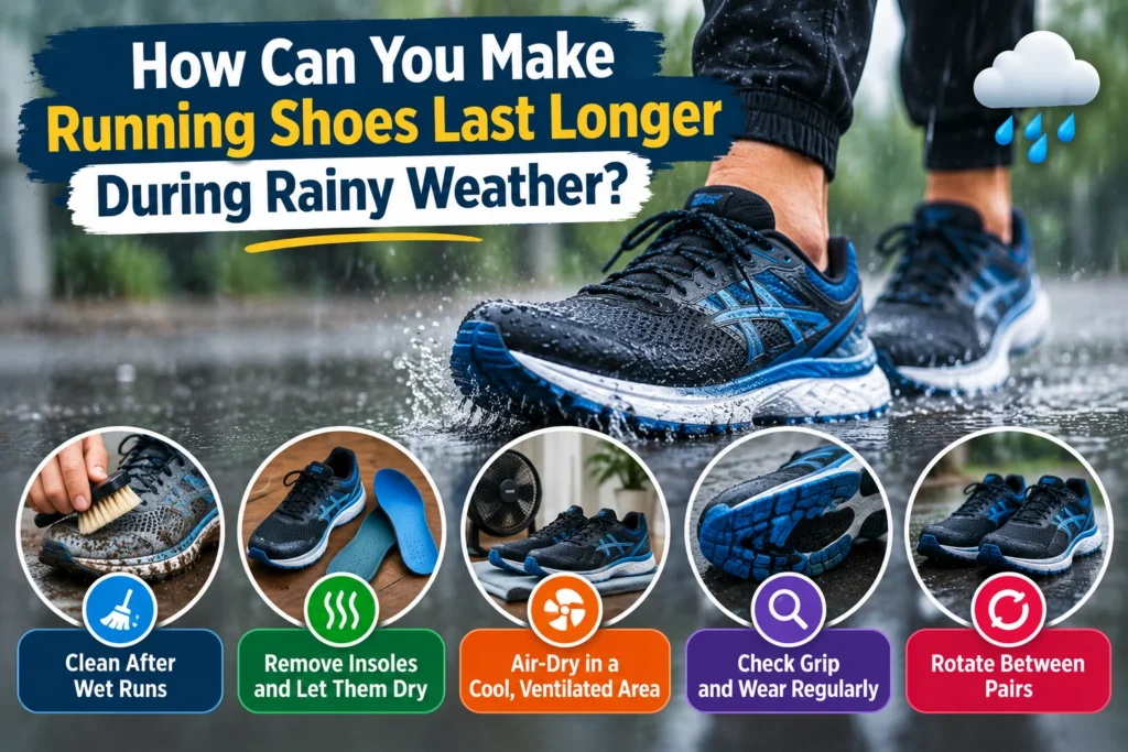 Running shoes in rainy weather with five care tips to extend their lifespan, including cleaning, removing insoles, air-drying, checking grip, and rotating shoes.