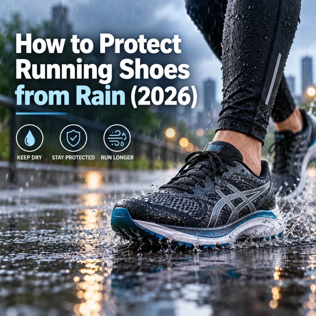 Running shoes splashing through rainwater on wet pavement, illustrating how to protect running shoes from rain in 2026.