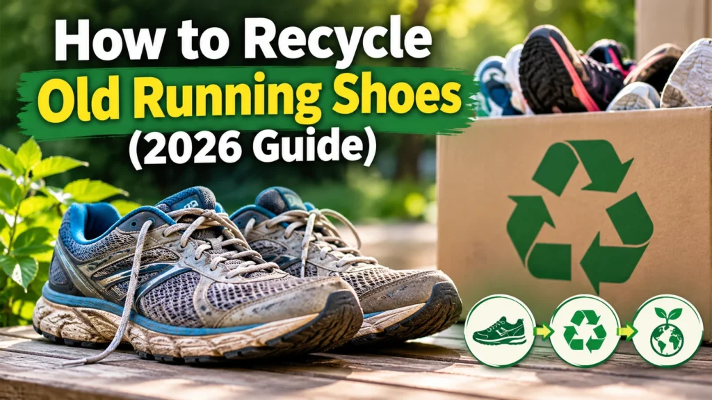 Old running shoes beside a cardboard recycling box with a green recycling symbol, illustrating how to recycle old running shoes in 2026.