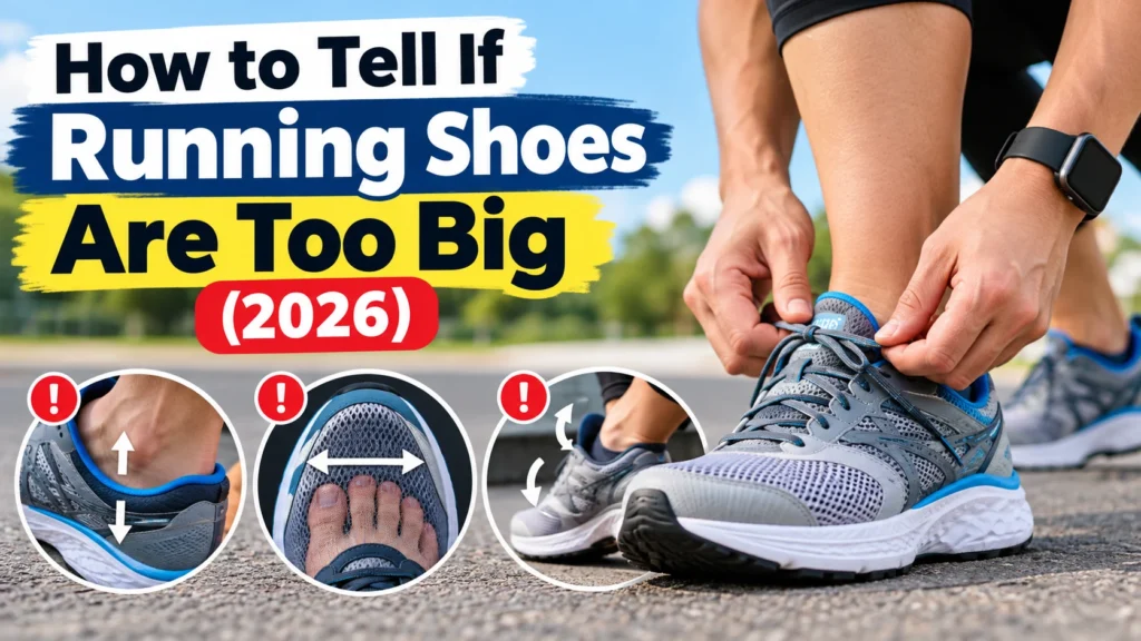 How to tell if running shoes are too big, showing heel slippage, excessive toe space, and loose shoe fit.