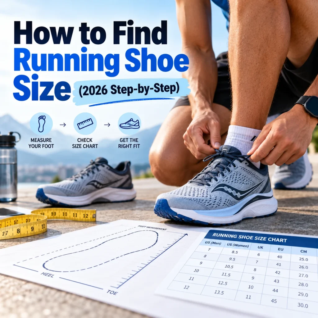 How to find running shoe size in 2026 with a runner tying shoes, foot measurement guide, measuring tape, and running shoe size chart.