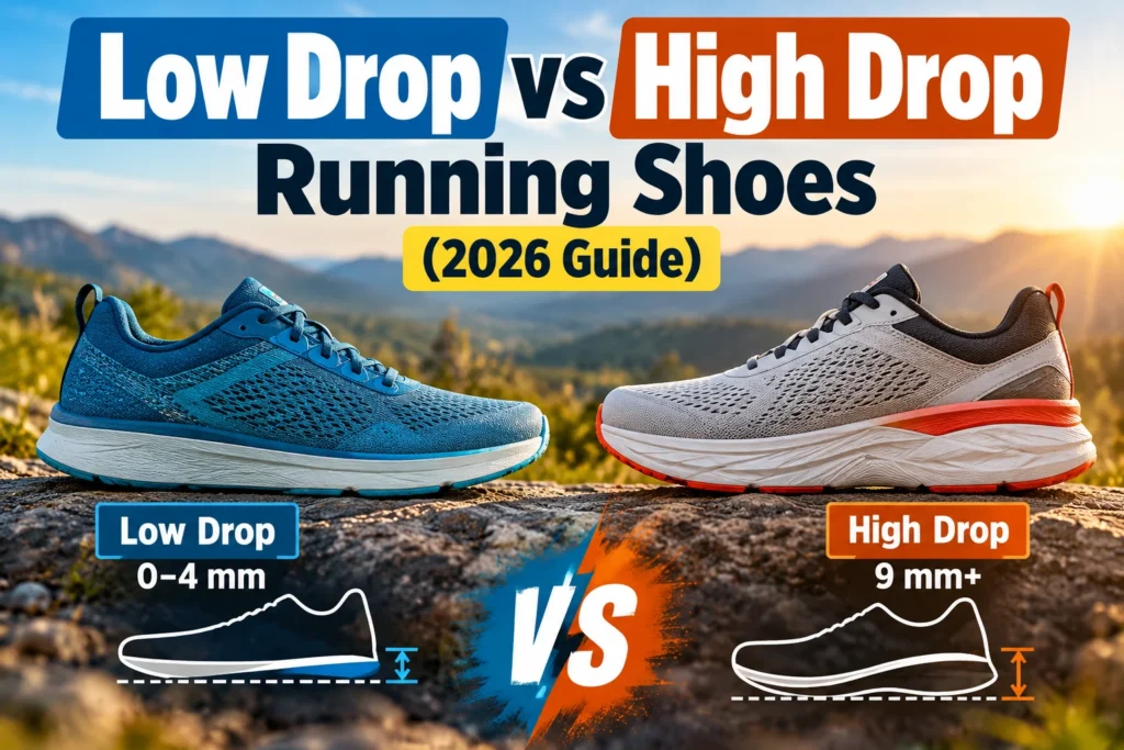Low drop vs high drop running shoes comparison showing 0–4 mm and 9 mm+ heel-to-toe drop in the 2026 guide.