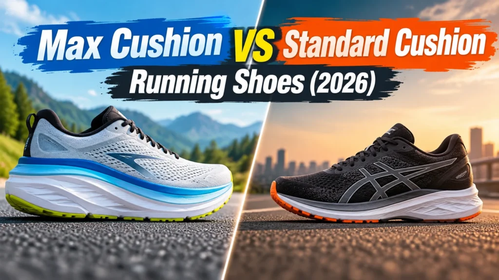 Max cushion vs standard cushion running shoes (2026) showing thick-soled and regular cushioned running shoes side by side.