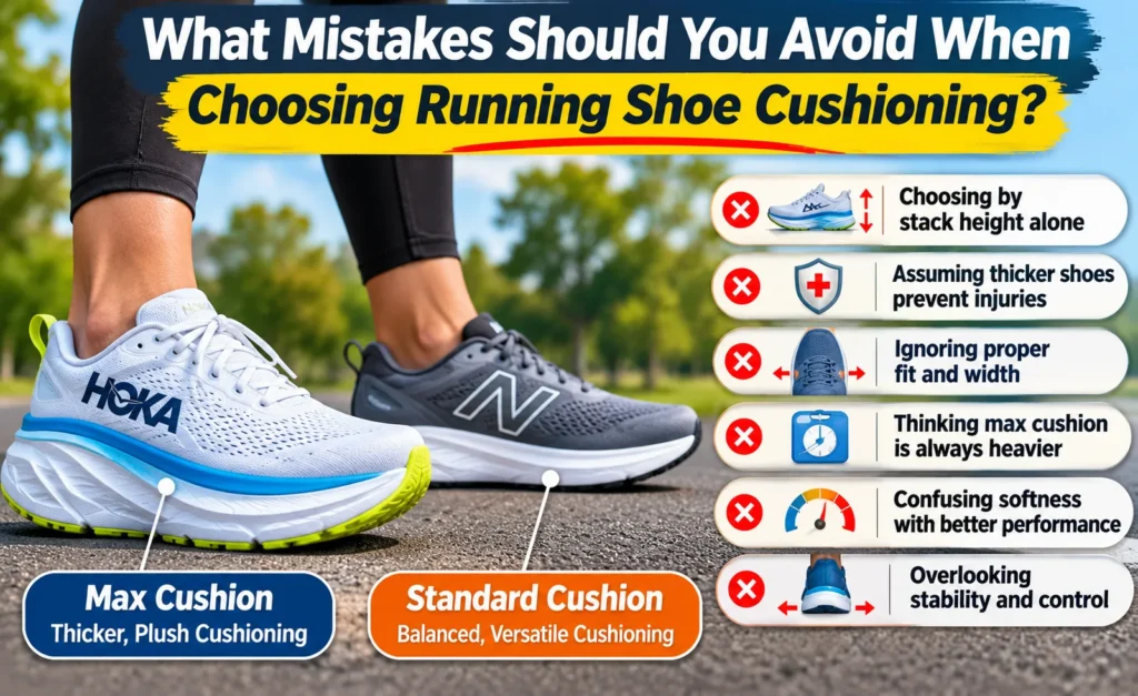 Common mistakes when choosing running shoe cushioning, comparing max cushion and standard cushion shoes with six buying mistakes.