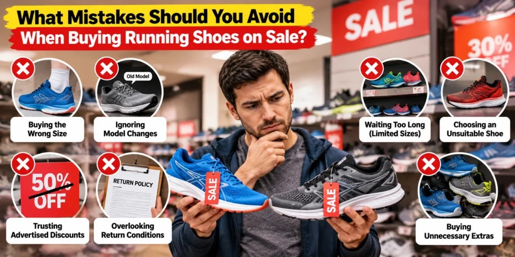 Shopper comparing discounted running shoes with illustrated mistakes to avoid, including wrong sizing, misleading discounts, and return policies.