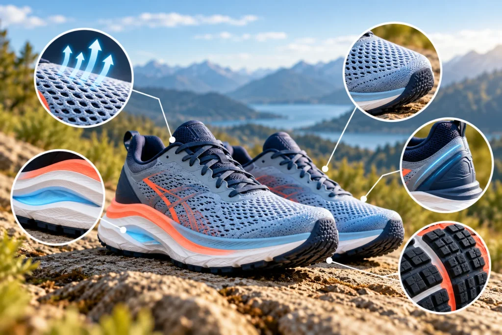 Important running shoe features including breathable mesh, cushioned midsoles, roomy toe box, heel stability, and outsole traction.