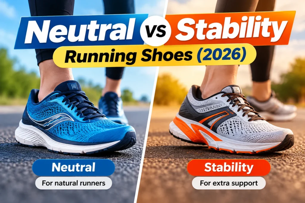 Neutral vs Stability Running Shoes (2026) comparison showing blue neutral running shoes and gray-orange stability shoes.