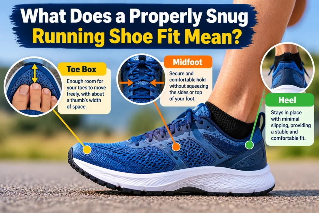 Properly snug running shoe fit infographic showing toe box space, secure midfoot support, and heel stability in a blue running shoe.