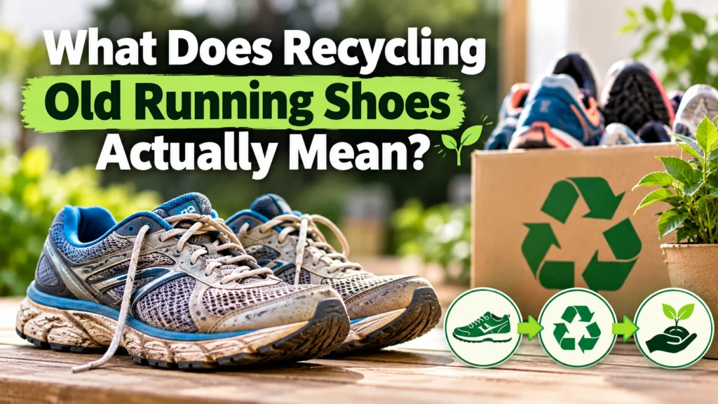 Old running shoes beside a cardboard recycling box with a green recycling symbol, illustrating what recycling old running shoes means.