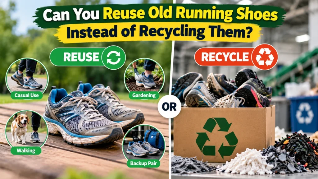 Comparison of reusing old running shoes for walking, gardening, and casual wear versus recycling worn-out shoes into reusable materials.