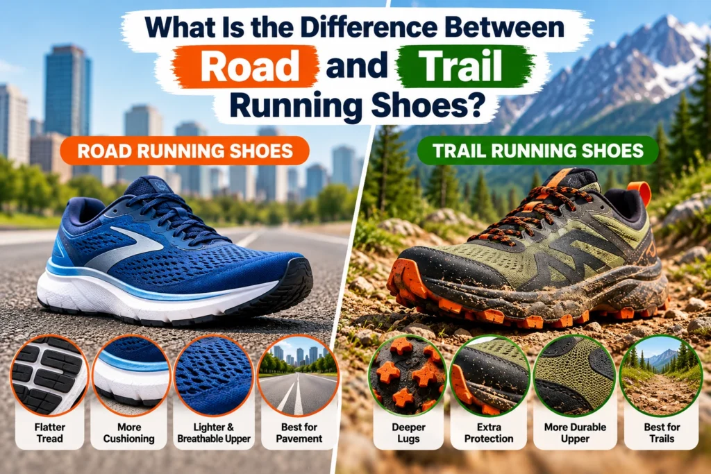 Road vs trail running shoes comparison showing differences in outsole tread, cushioning, breathability, durability, and terrain suitability.