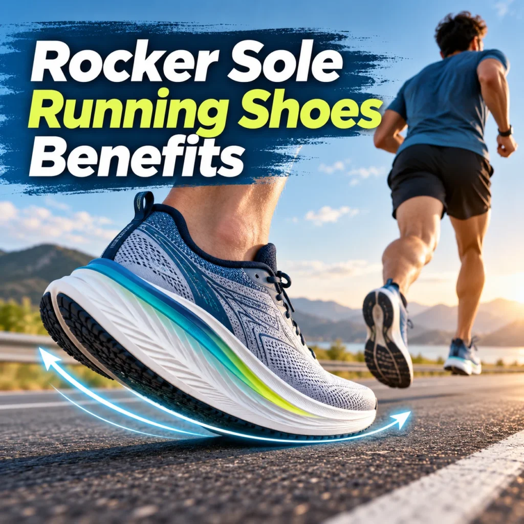 Rocker sole running shoes benefits illustrated with a curved, cushioned running shoe and a runner on the road.