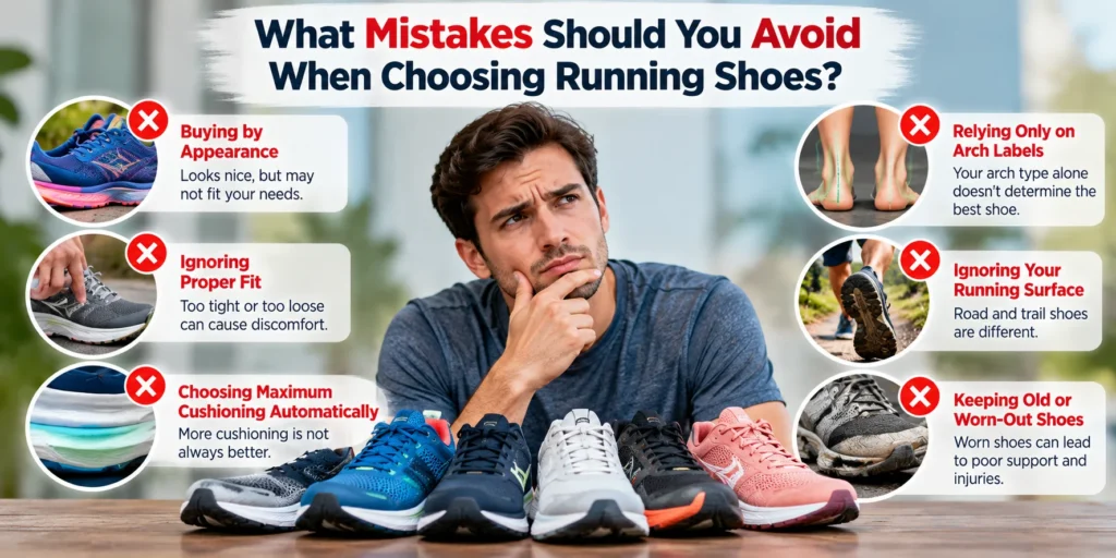 Common mistakes when choosing running shoes, including poor fit, buying by appearance, excessive cushioning, and ignoring running terrain.
