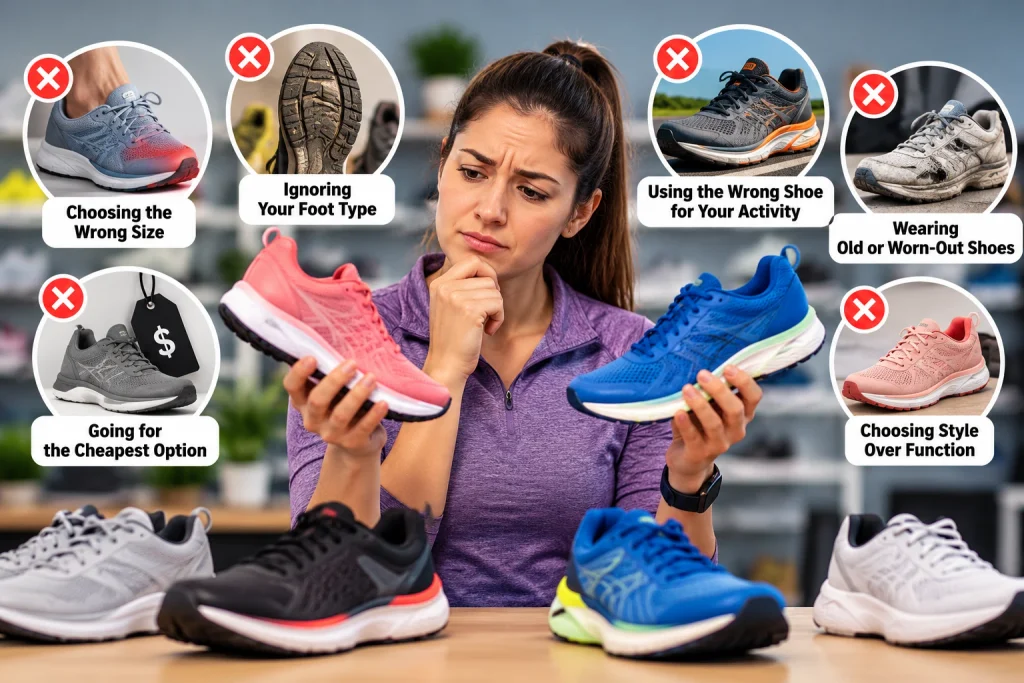 Common mistakes to avoid when choosing running shoes, including wrong sizing, poor foot fit, worn-out shoes, and choosing style over comfort.