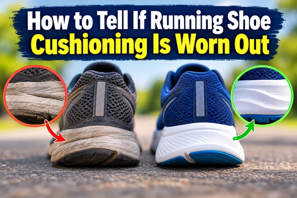 Old running shoe with flattened, creased cushioning compared to a new running shoe with a supportive midsole.