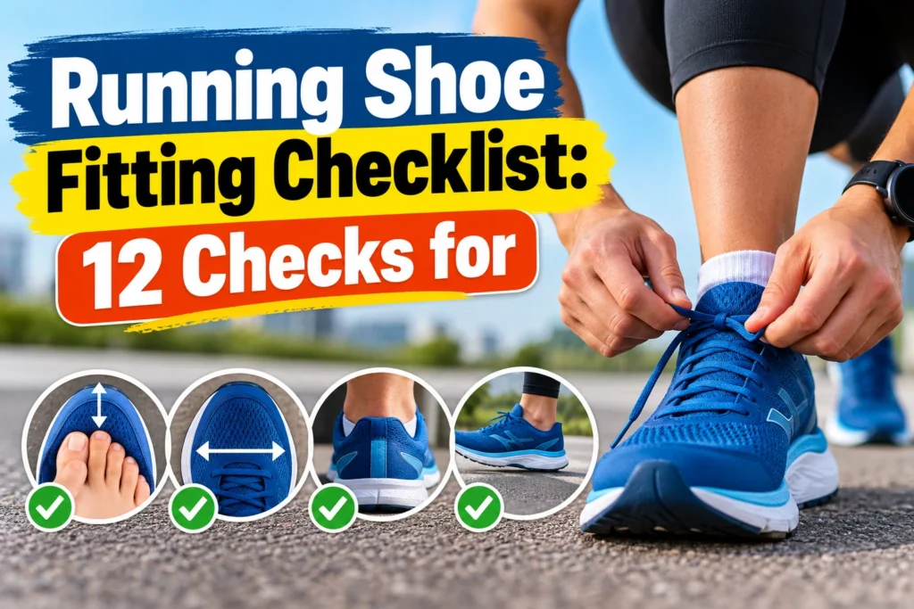 Running shoe fitting checklist showing 12 essential fit checks, including toe room, shoe width, heel support, and comfort.