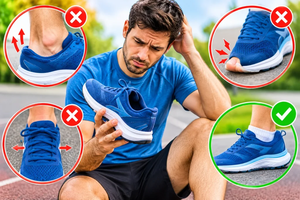 Common running shoe fitting mistakes showing heel slipping, tight toe boxes, incorrect shoe width, and proper running shoe fit.
