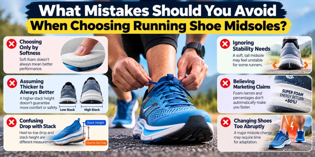 Common mistakes when choosing running shoe midsoles, including choosing by softness, ignoring stability, confusing stack height with heel drop, and trusting marketing claims.