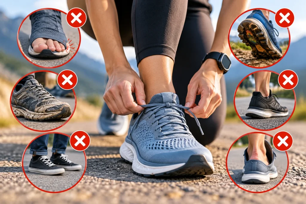 Common mistakes when choosing running shoes, including tight toe boxes, worn-out soles, poor heel fit, and unsuitable footwear.