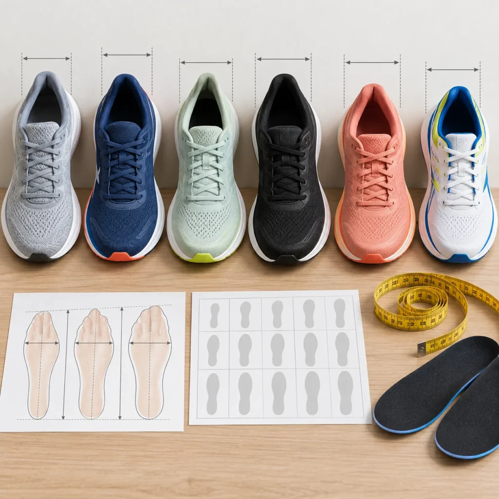 Running shoe sizing between brands comparison showing six different running shoes, foot measurement charts, and measuring tape.