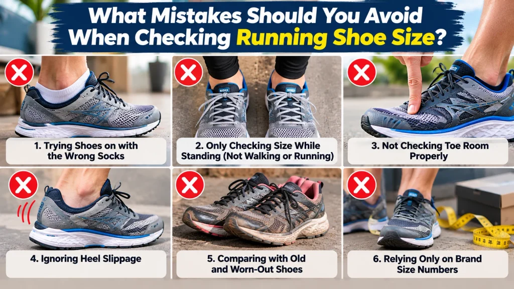Six common running shoe sizing mistakes, including wearing the wrong socks, ignoring heel slippage, not checking toe room, and relying only on brand sizes.